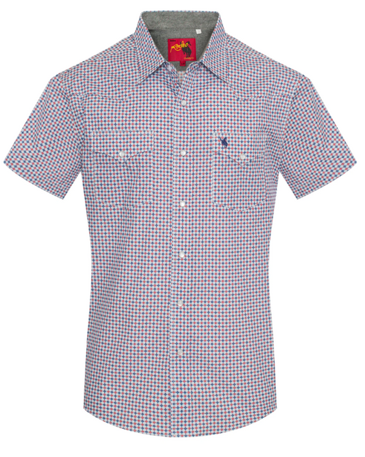 Rodeo Clothing Men's Short Sleeve Pearl Snap Red, White & Blue Print Shirt