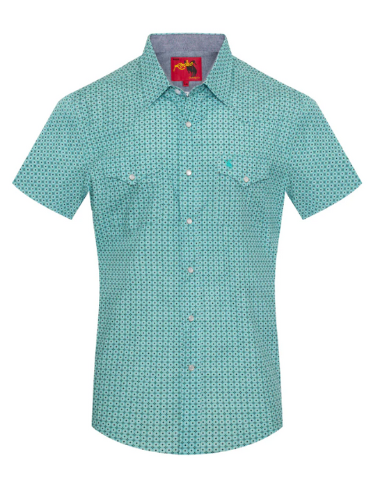Rodeo Clothing Men's Short Sleeve Pearl Snap Turquoise & Black Print Shirt