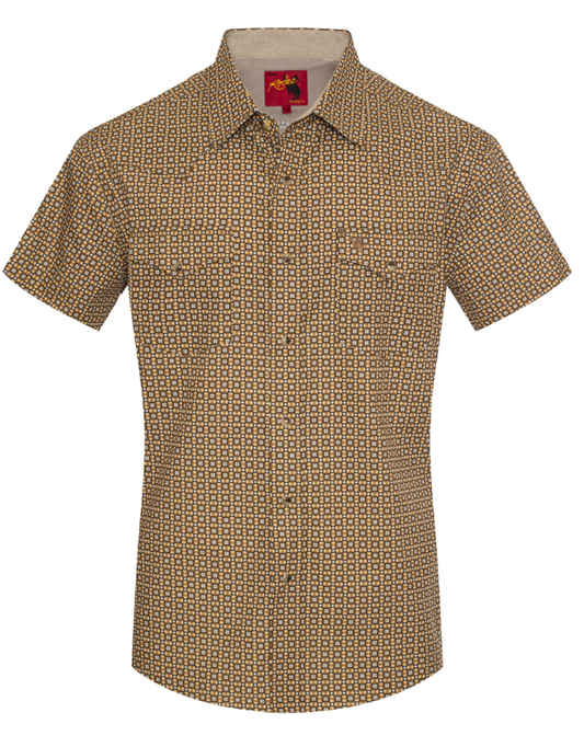 Rodeo Clothing Men's Short Sleeve Pearl Snap Brown Print Shirt