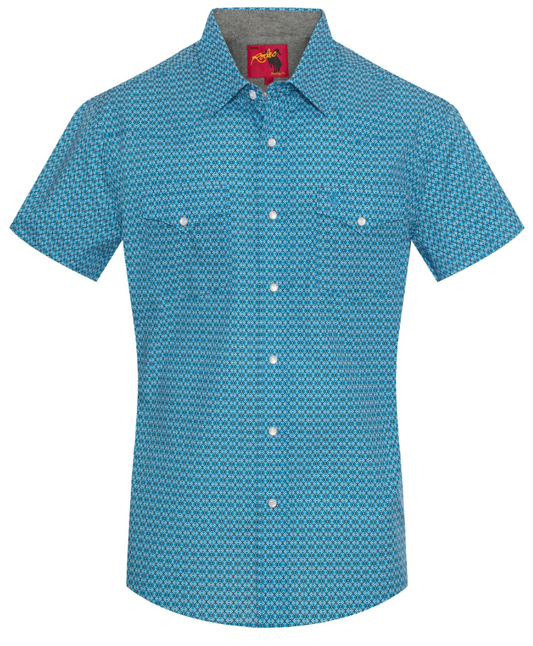 Rodeo Clothing Men's Short Sleeve Pearl Snap Blue Print Shirt