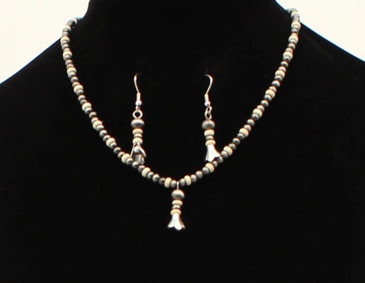 Silver Strike Necklace and Earring Set Beaded Pendant Silver Cream