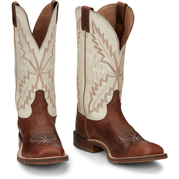 Tony Lama Men's Boots - Antonio 13" White & Brown Square Toe Western