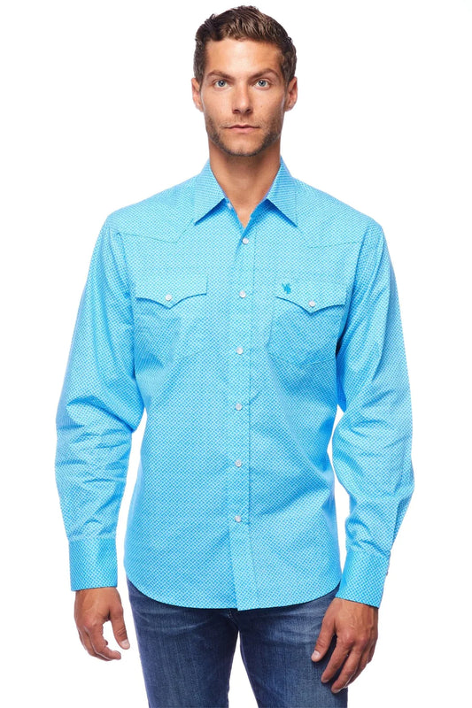 Rodeo Clothing Men's Long Sleeve Shirt - Turquoise & White Geometric Print