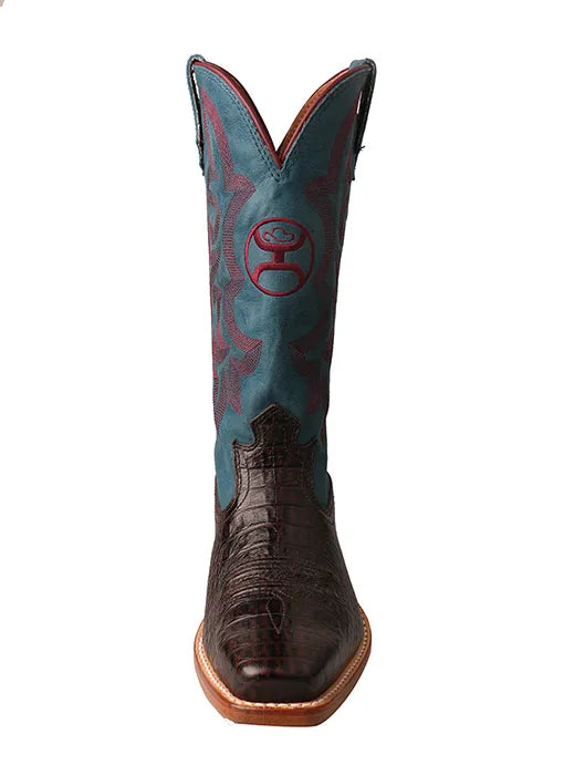 Twisted X Women's Brown Gator Print Narrow Square Toe with Blue Stitched Top & Hooey Logo