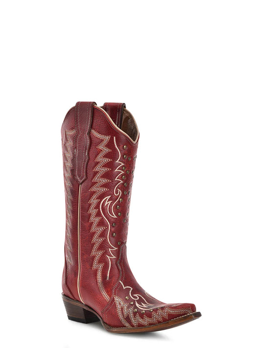 Corral Boots Women's Embroidery and Studs Red Snip Toe Cowboy Boot