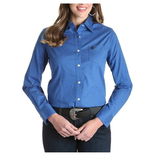 Wrangler Women's Long Sleeve Shirt - George Straight for Her Blue with White Dots & Navy Circles