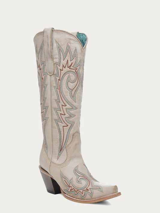 Corral Boots Women's Blue and Red Embroidery Bone Snip Toe Cowboy Boot