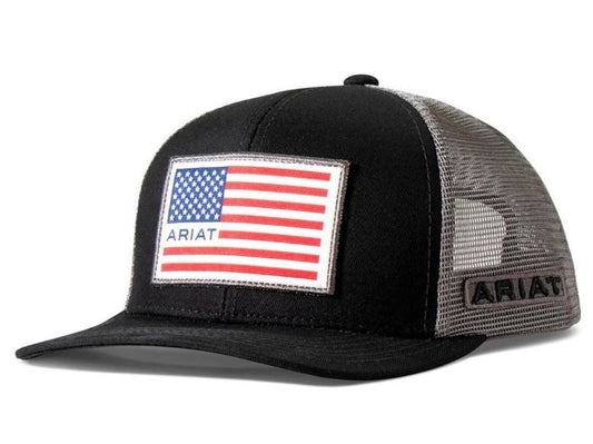 Ariat Ball Cap Black Snapback Cap with American Flag Patch