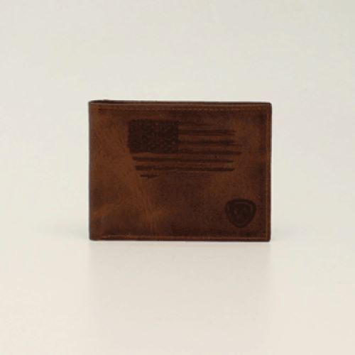 Ariat Brown Leather Bi-Fold Wallet with USA Flag Stitching