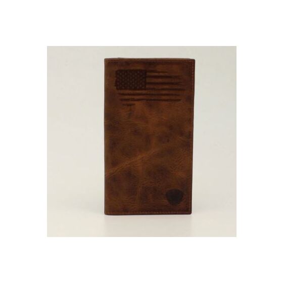 Ariat Brown Leather Rodeo Wallet/Checkbook Cover with USA Flag Stitching
