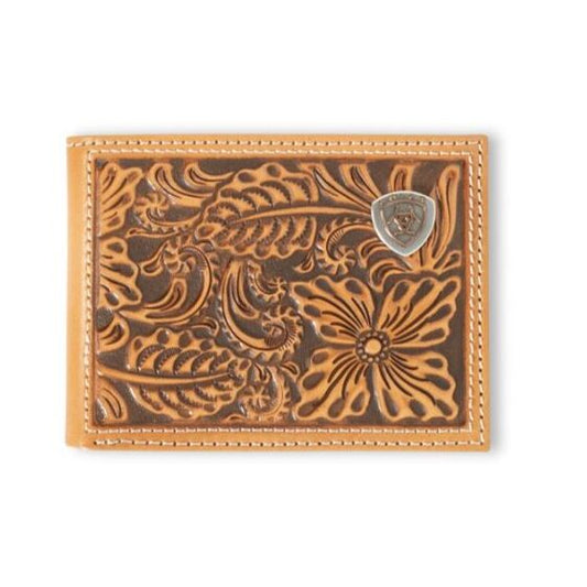 Ariat Brown Leather Bifold Style Men's Wallet with Floral Embossed Design and Removable Passcase