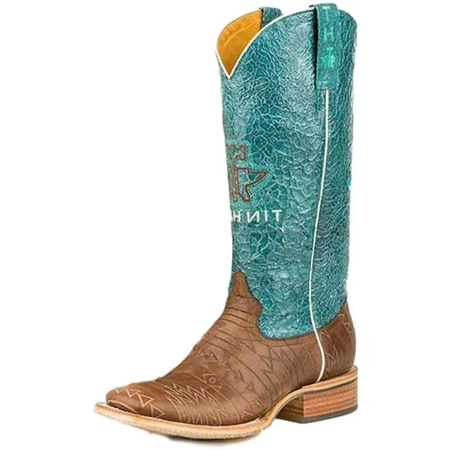 Tin Haul Women's Brown Aztec Print with Teal Shaft & Square Toe Boots