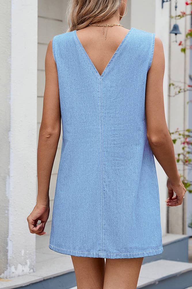 UNISHE - Washed Solid Color Sleeveless Denim Dress Light Blue