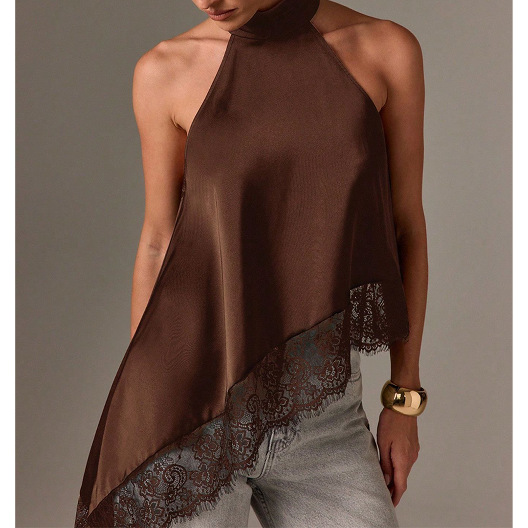 UNISHE - Sleeveless Satin Lace Trim Halter Cami Top Brown