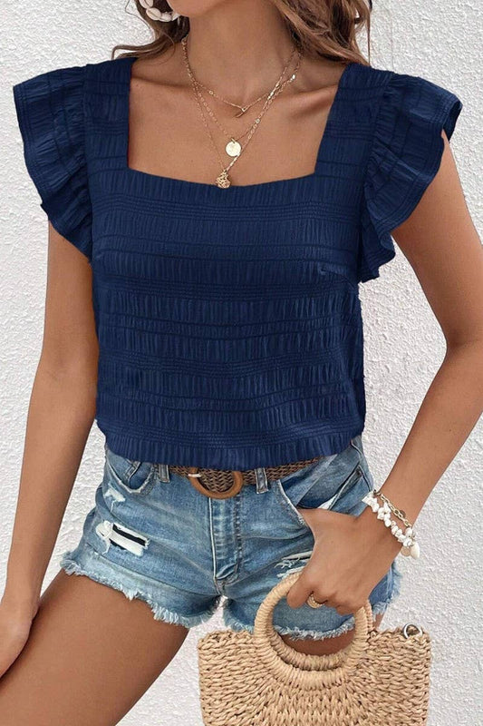NINEXIS Women's Square Collar Ruffled Top Navy