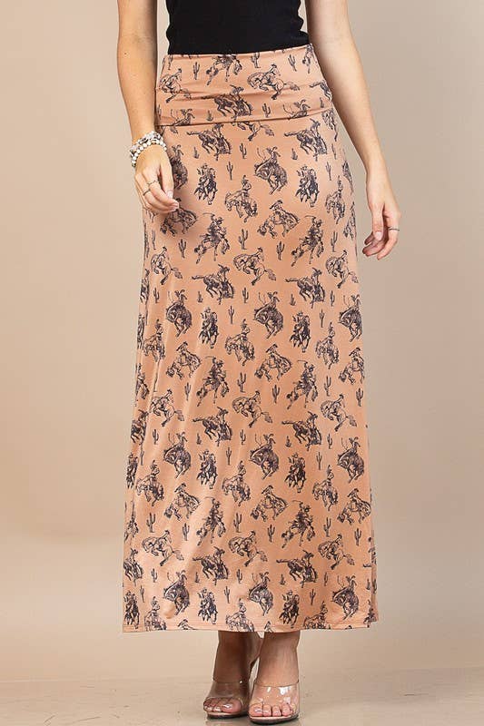 Avery Bella Western Bucking Horses Print Knit Maxi Skirt in Light Mocha