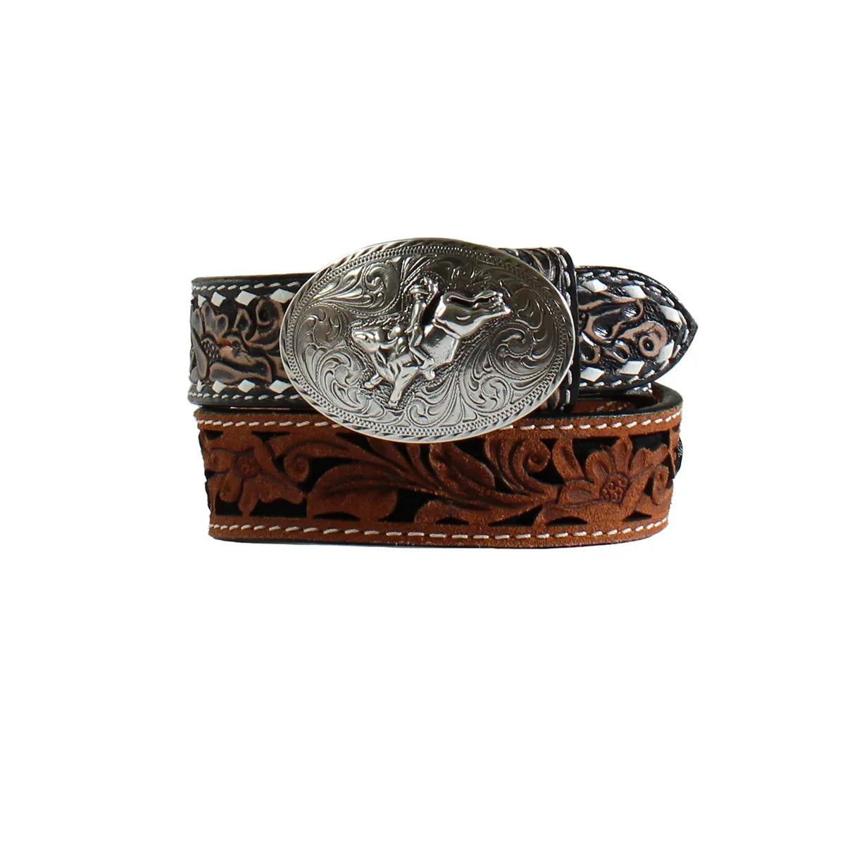 3D Belt Co Boys Brown Tooled Floral Design Belt