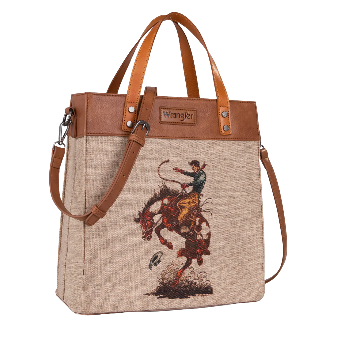 Wrangler Ladies Bucking Bronco Canvas Tan Crossbody Tote Bag