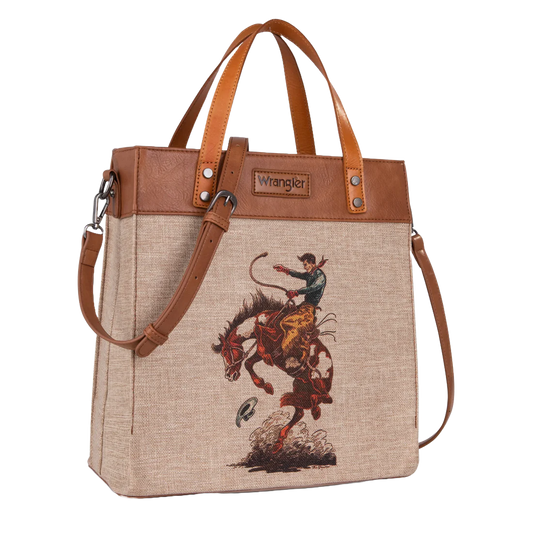 Wrangler Ladies Bucking Bronco Canvas Tan Crossbody Tote Bag