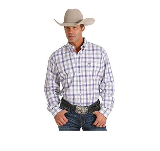 Cinch Men's Long Sleeve Shirt - White & Purple Plaid