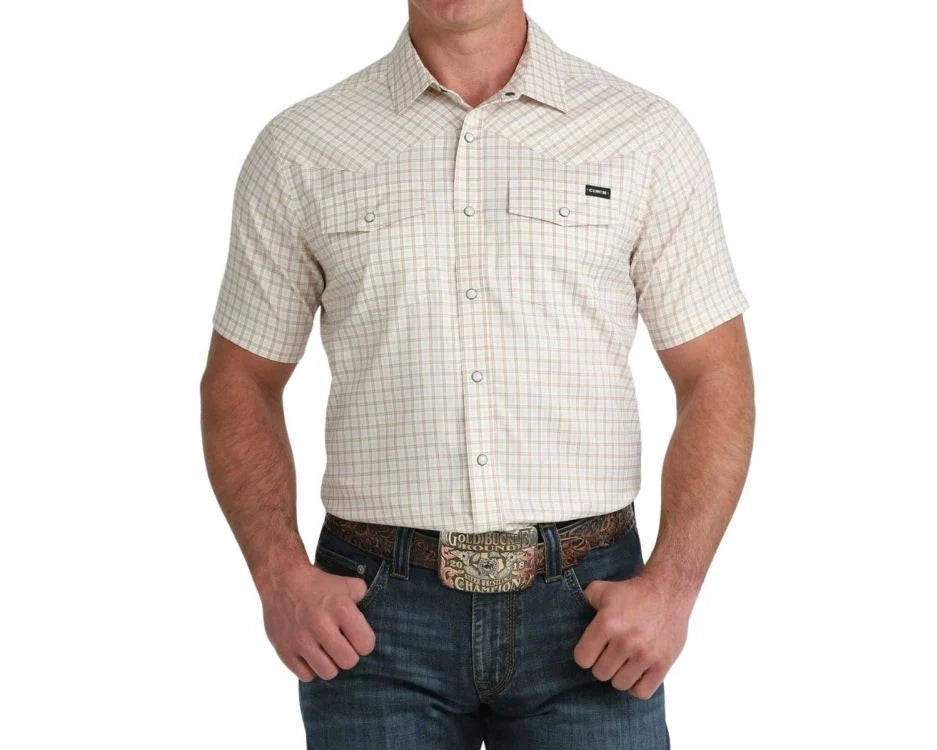 Cinch Men's Short Sleeve Arenaflex Cream & Tan Plaid Camp Shirt