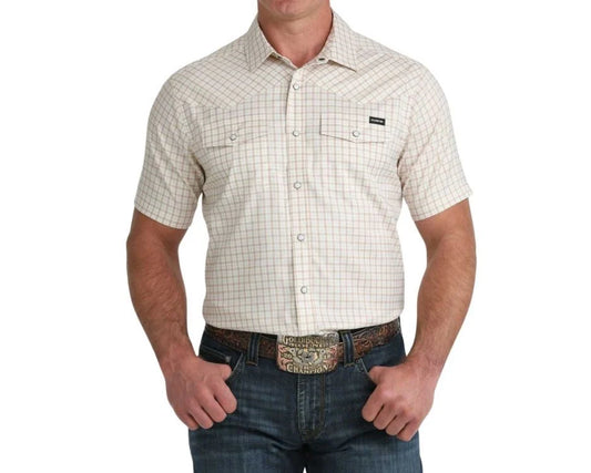 Cinch Men's Short Sleeve Arenaflex Cream & Tan Plaid Camp Shirt