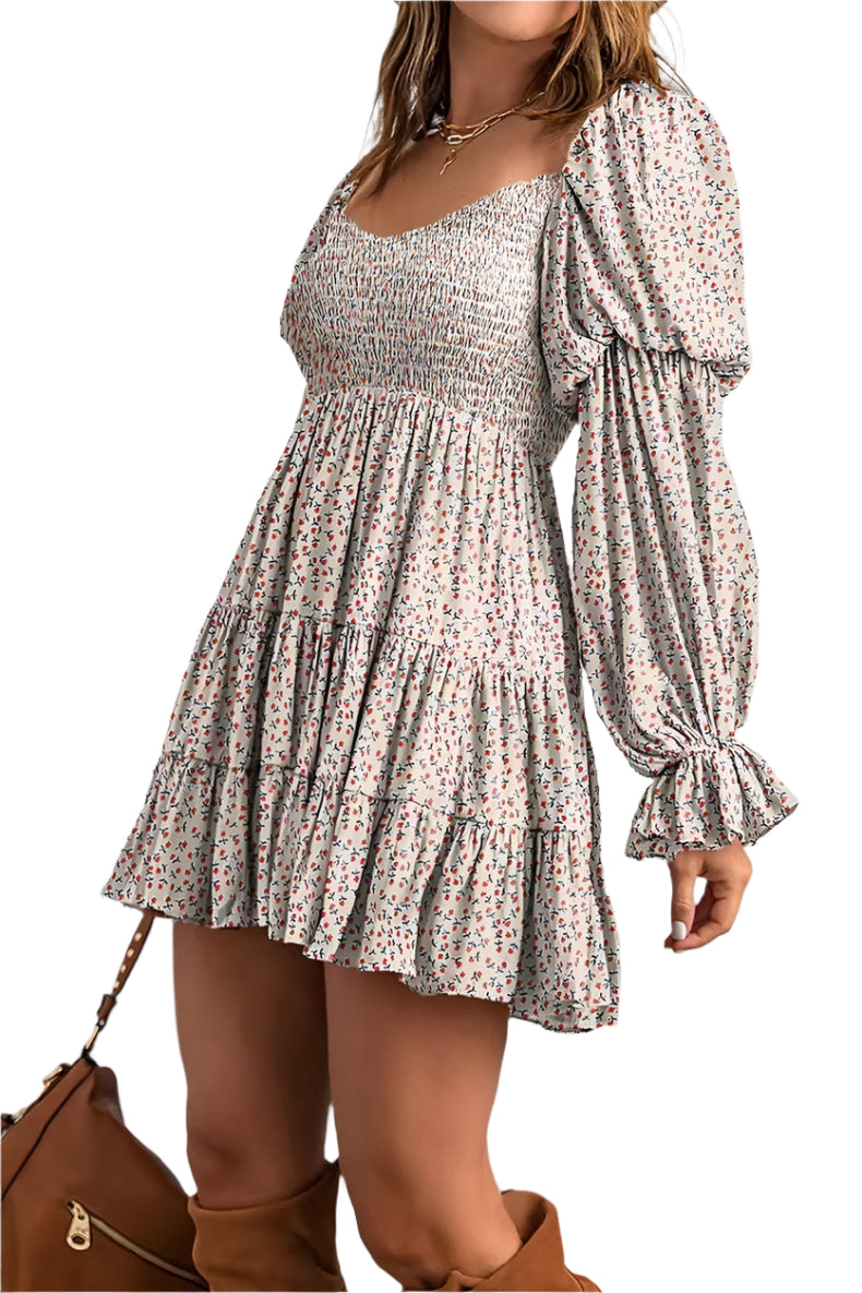 Unishe Smocked Lantern Sleeves Floral Tiered Dress - Red Flowers
