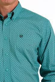 Cinch Men's Long Sleeve Shirt - Geometric Print Turquoise