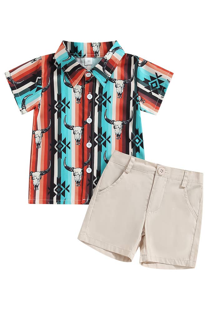 UNISHE - Western Print Boy Button Blouse With Apricot Shorts 2pcs Set