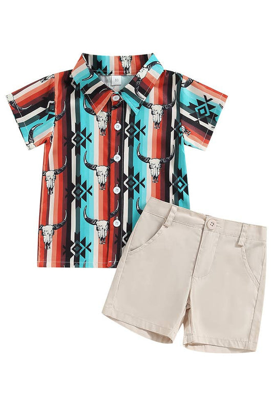 UNISHE - Western Print Boy Button Blouse With Apricot Shorts 2pcs Set