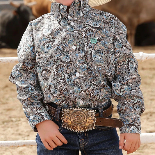 Cinch Children's Blue, Green and Brown Paisley Print Long Sleeve Button Down Shirt.