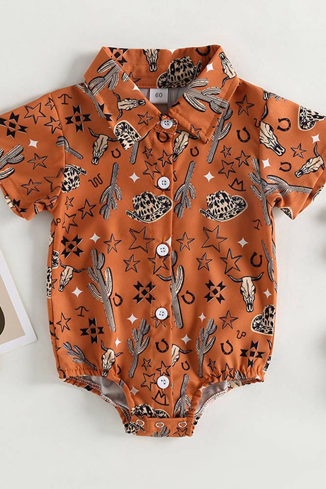 UNISHE - Western Style Cactus Print Button Up Shirt Romper Brown