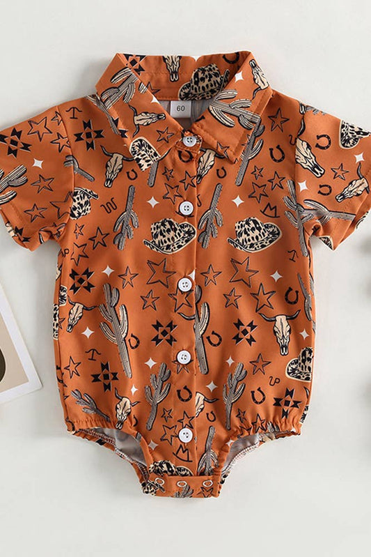 UNISHE - Western Style Cactus Print Button Up Shirt Romper Brown