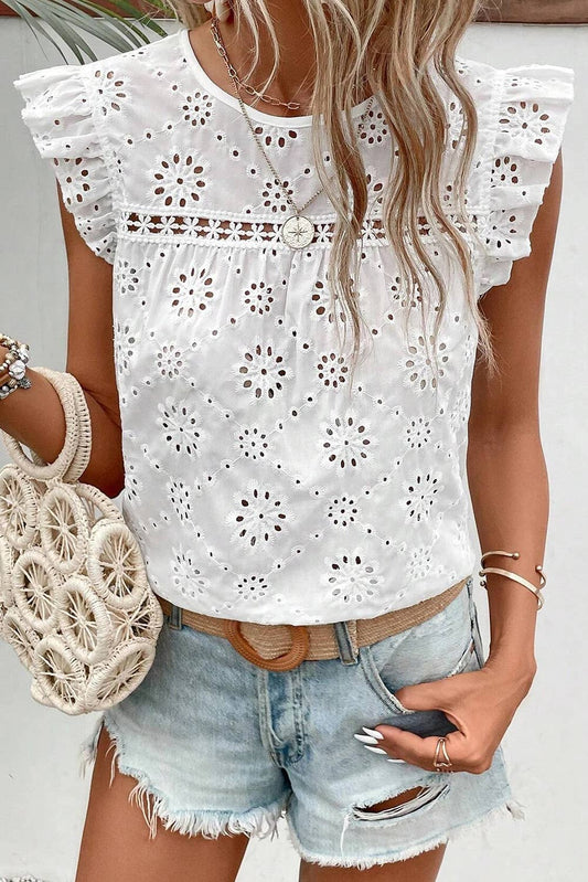 SEPHIOR INC - White Eyelet Embroidered Ruffled Flutter Sleeve Blouse