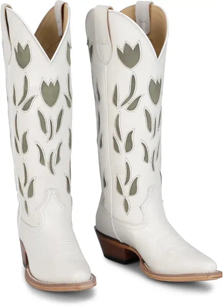 Justin Boots Women's May Vintage White Cowhide 15" Boot with Tan Inlay Design