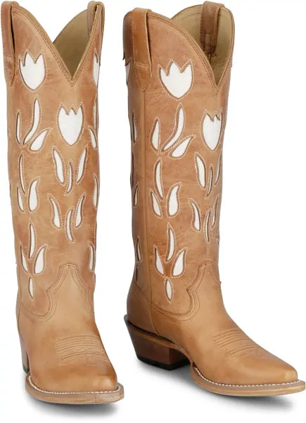 Justin Boots Women's May Antique Tan Cowhide 15" Boot with White Inlay Design