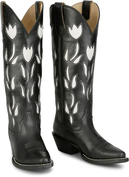 Justin Boots Women's May Vintage Black Cowhide 15" Boot with White Inlay Design