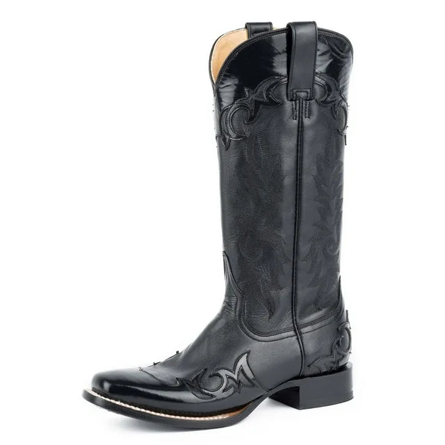 Stetson Women's Black Square Toe with Patent Leather Bo Wing Tip Boots