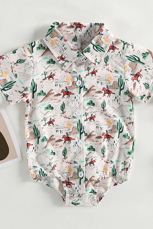 UNISHE - Western Style Cactus Print Button Up Shirt Romper White