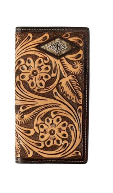 3-D Men's Floral Hand Tooled Diamond Calf Hair Rodeo Wallet