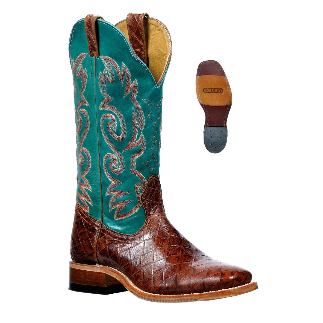 Boulet Women's Brown Woven Square Toe with Turquoise Top Cowboy Boot