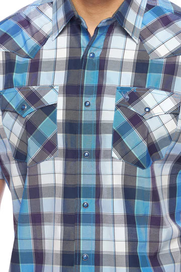 Rodeo Clothing Men's Short Sleeve Shirt - Black, Blue & Grey Plaid