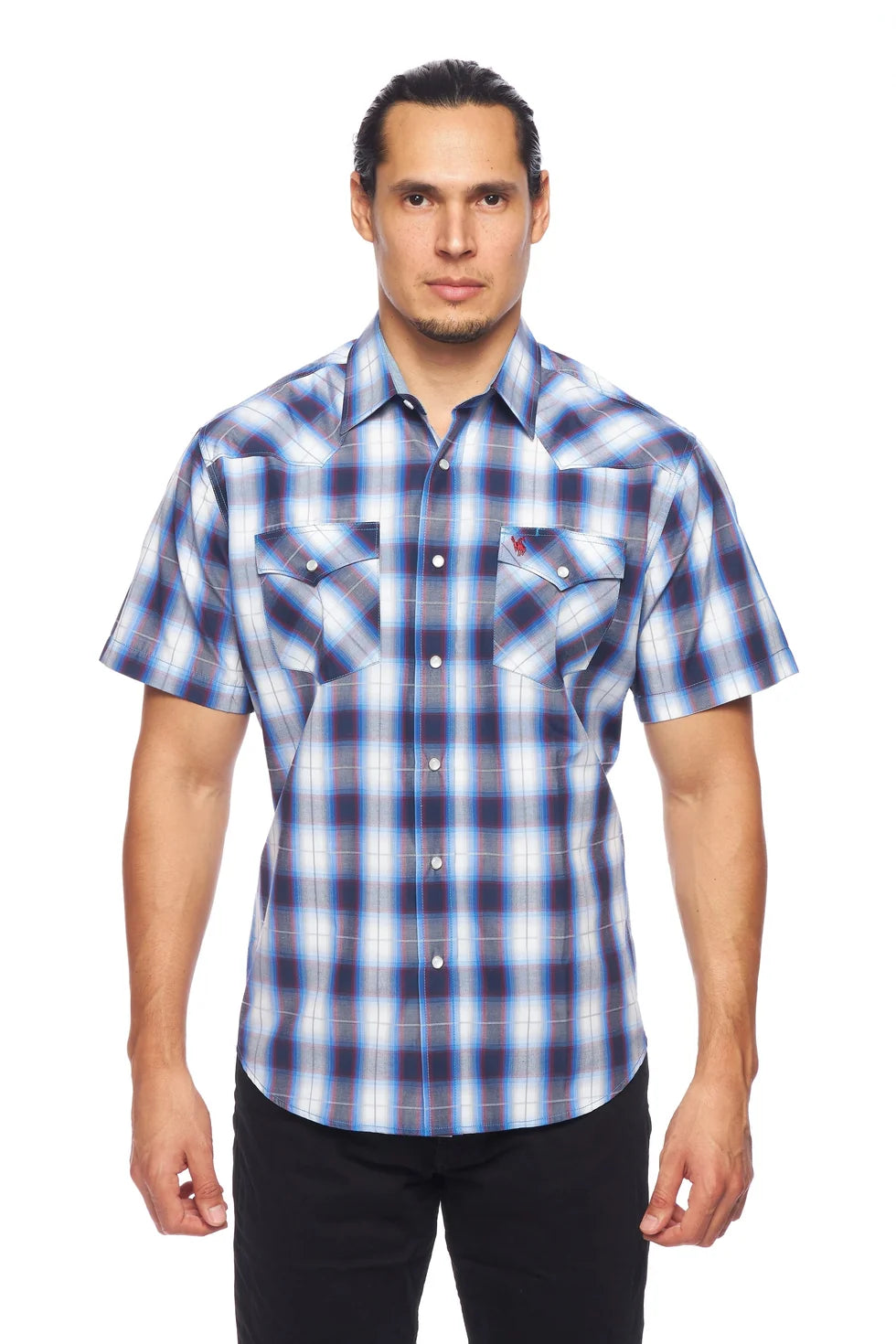 Rodeo Clothing Men's Short Sleeve Shirt - Blue, Black, Red and Grey Plaid
