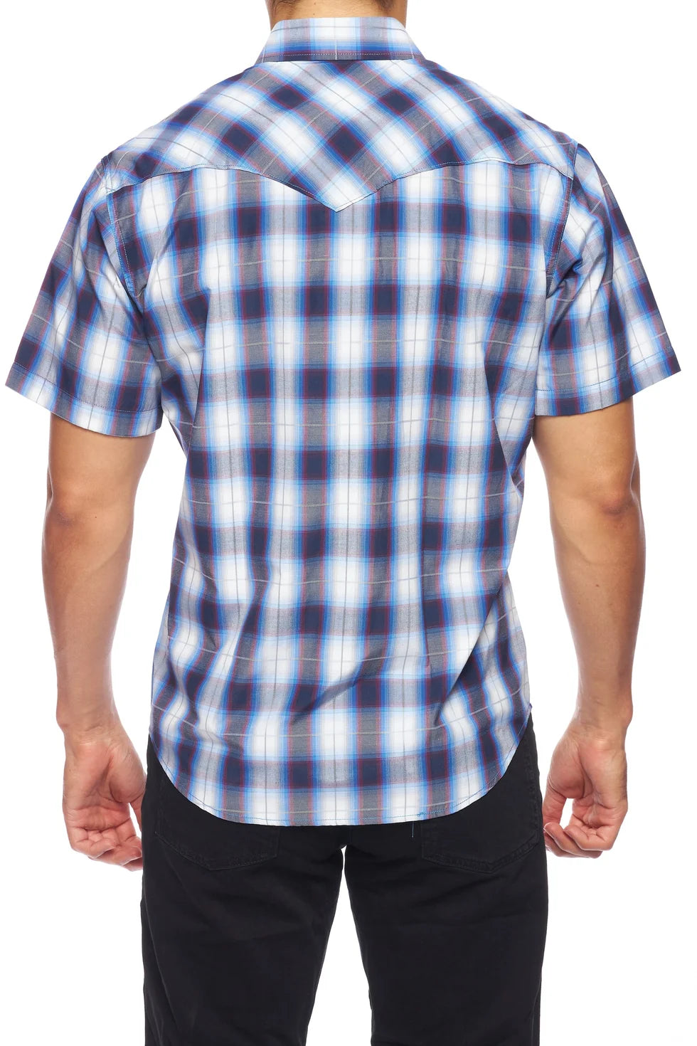 Rodeo Clothing Men's Short Sleeve Shirt - Blue, Black, Red and Grey Plaid