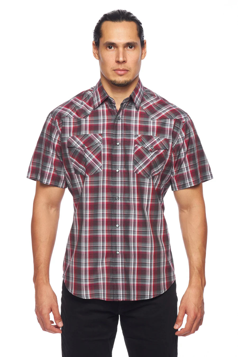 Rodeo Clothing Men's Short Sleeve Shirt - Red & Grey Plaid