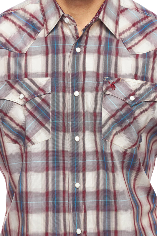 Rodeo Clothing Men's Short Sleeve Shirt - Burgundy & Grey Plaid