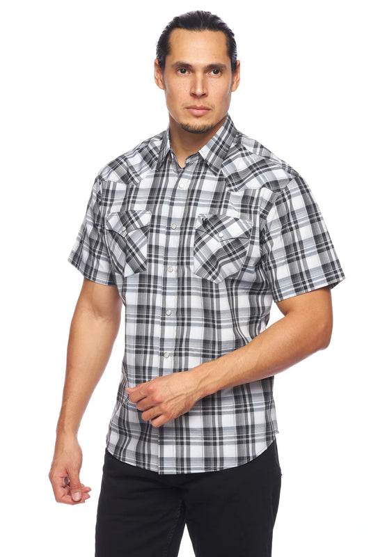 Rodeo Clothing Men's Short Sleeve Shirt - Black, White & Grey Plaid