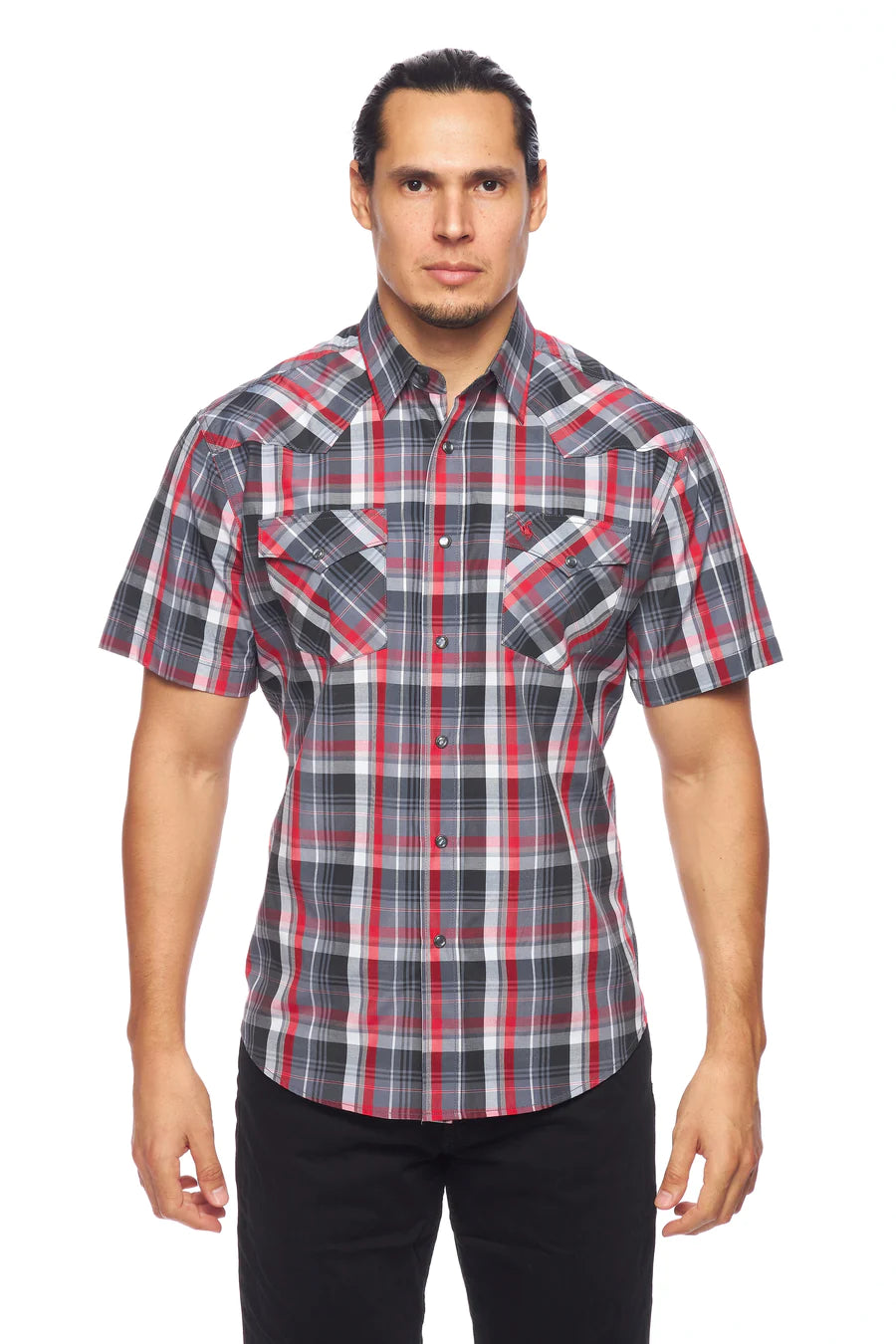 Rodeo Clothing Men's Short Sleeve Shirt - Grey, Black, Red & White Plaid