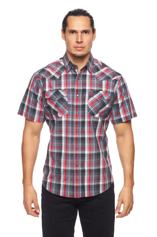 Rodeo Clothing Men's Short Sleeve Shirt - Grey, Black, Red & White Plaid