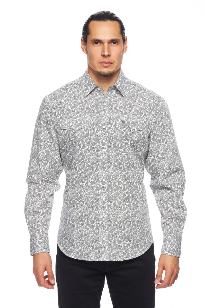 Rodeo Clothing Co. Men's Long Sleeve Western Pearl Snap White & Black Paisley Shirt